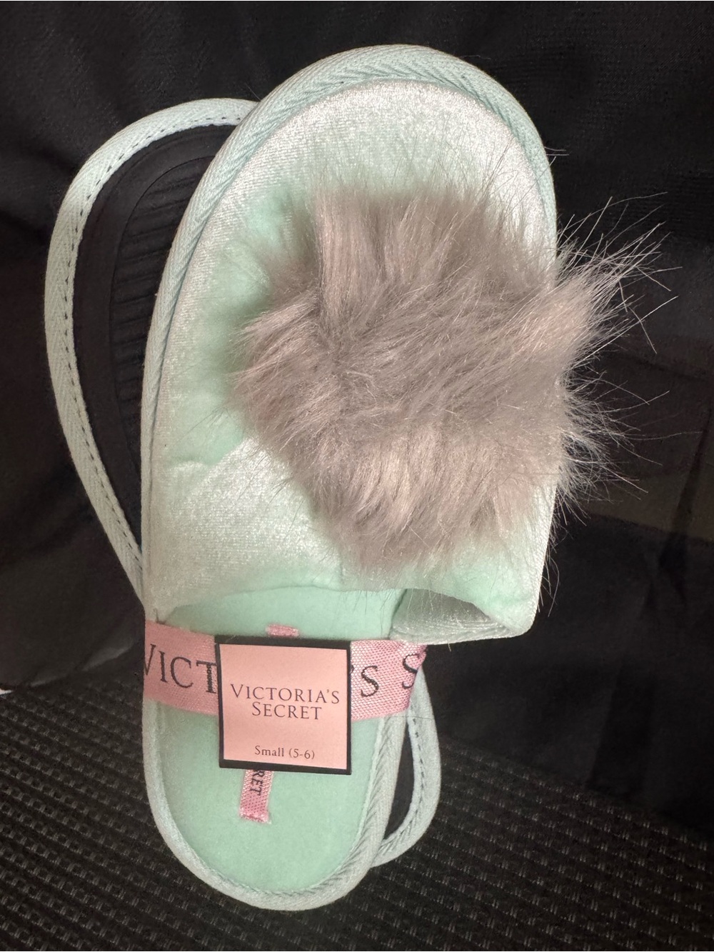Victoria's Secret Mint Faux-Fur Pom Slip-On Slippers - Size S 5/6 - NWT tied-up